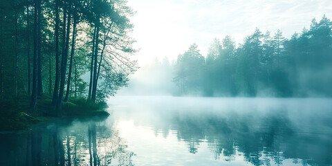 Poster - A misty forest with a lake in the background