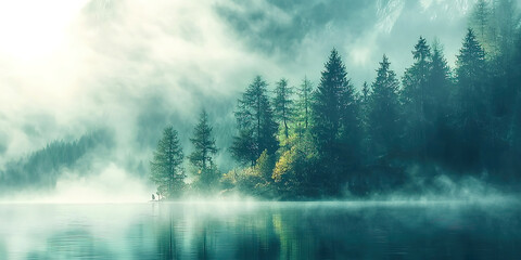 Poster - A misty forest with a lake in the background