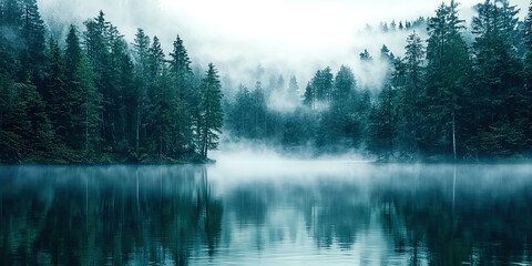 Poster - A forest with a lake in the background