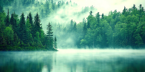 Poster - A forest with a lake in the background