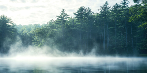 Poster - A misty forest with a lake in the background