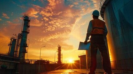 Poster - A man in a safety vest stands in front of a large industrial plant with a sunset