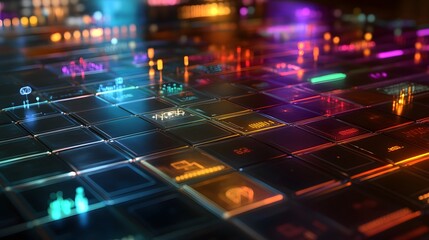 Poster -  A sleek, metallic periodic table where elements light up in different colors, focusing on the digital visualization of their atomic numbers and energy fields