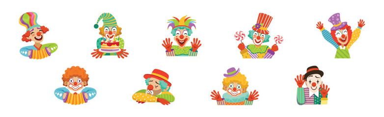 Sticker - Funny Clown Character with Friendly Colorful Face Vector Set