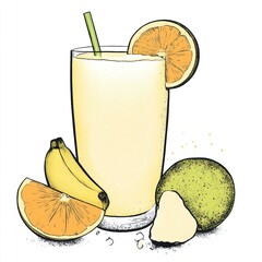 Sticker - A refreshing beverage with fruits, showcasing a drink in a glass alongside bananas and citrus.