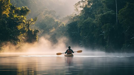 Canvas Print - Kayaker Paddling Through a Serene Jungle River Surrounded by Misty Rainforest at Sunrise