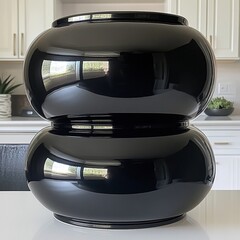 Sticker - A glossy black ceramic vase with a rounded shape, displayed on a kitchen counter.