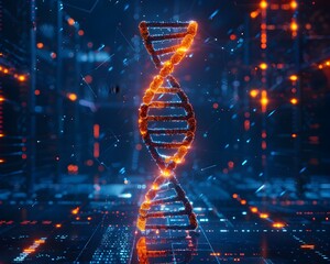 Poster - glowing dna double helix in digital grid representing encrypted data storage