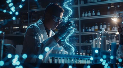 Poster - researcher encoding digital photos into dna sequencer in high tech lab for data storage