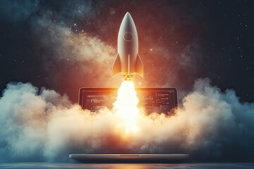 Canvas Print - Rocket launching from a laptop screen symbolizing startup business and technology innovation