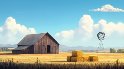 Canvas Print - Rustic barn in a vast open field with golden hay bales and a windmill under a bright blue sky