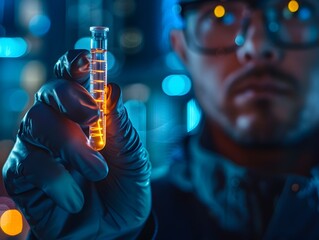Poster - Scientist Holding Glowing DNA Vial Showcasing the Future of Digital Data Storage