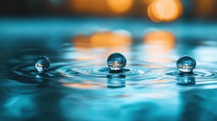 Poster - Three Water Drops Reflecting Blurred Orange Lights on Blue Surface
