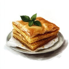 Sticker - A delicious layered pastry topped with mint leaves, served on a plate.