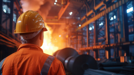 Diligent worker analyzing steel quality in a bustling steel mill, wearing protective gear, surrounded by machinery and raw materials, ensuring production standards and safety.