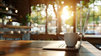 Poster - A laptop is open on a wooden table with a white coffee cup next to it