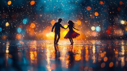 Poster - A spontaneous dance in the rain, with smiles and laughter, isolated on a soft pastel surface,