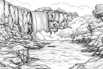 Wall Mural - Coloring book illustration of a majestic waterfall cascading into a river with surrounding rocky landscapes