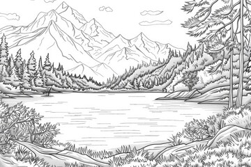 Wall Mural - Coloring book illustration of a serene mountain lake scene