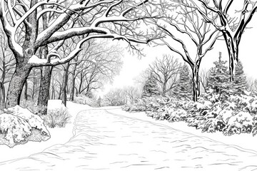 Wall Mural - Coloring book illustration of a serene winter landscape Snowy pathway through a tranquil forest Trees lining the path Cold winter scene