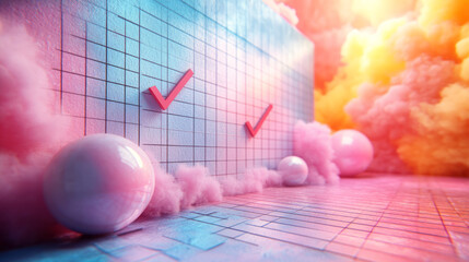 Poster - A goal-setting chart with checkmarks for progress, floating on a pastel surface,