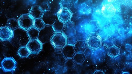 Fototapete - A dark blue backdrop features glowing hexagons, evoking tech themes