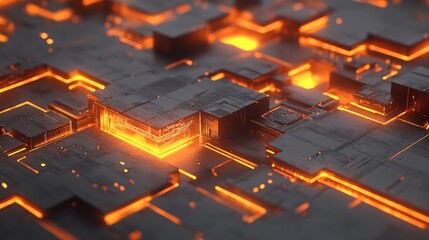 Fototapete - Glowing orange lines illuminate a dark, abstract high-tech design with intricate patterns