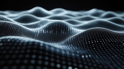 Fototapete - The backdrop features flowing waves adorned with bright dots in a dark atmosphere