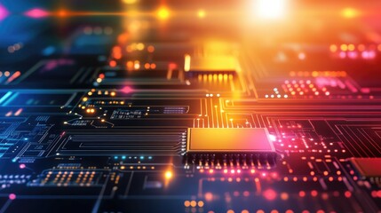 Fototapete - The design showcases vibrant, glowing circuits mixed with abstract tech elements