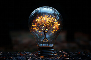 Poster - A light bulb transforming into a tree with glowing leaves,