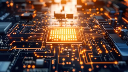 Poster - A dynamic display of circuits and lights creates an abstract technology backdrop
