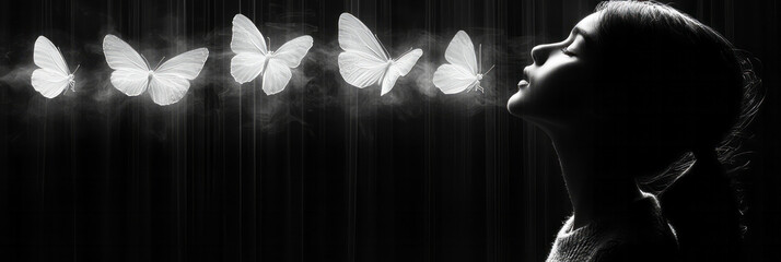 Poster - Silhouette of a person releasing butterflies symbolizing ideas,