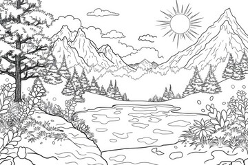 Wall Mural - Coloring book illustration of a snow covered mountain landscape featuring sunshine and fog