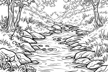 Wall Mural - Coloring book illustration of a flowing water stream