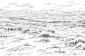 Wall Mural - Coloring book illustration of a snow covered landscape with distant mountains A winter pasture blanketed in snow with patches of autumn grass peeking through