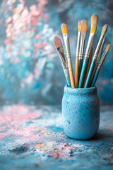 Aufkleber - A creative workspace filled with colorful art supplies, isolated on a soft pastel surface,