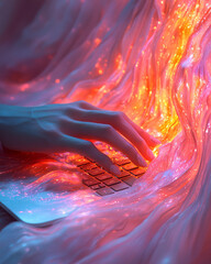 Poster - A person typing on a laptop with ideas flowing on the screen, floating softly on a pastel background,