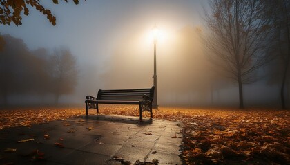 Wall Mural - Misty park bench at night