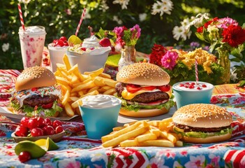 colorful presentation vibrant fast food spread lively surfaces captivating eyes, appetizing, burger, creative, cuisine, delicious, dessert, drink, display