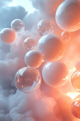 Poster - A grid of floating geometric spheres with soft shadows, floating on a soft pastel canvas,