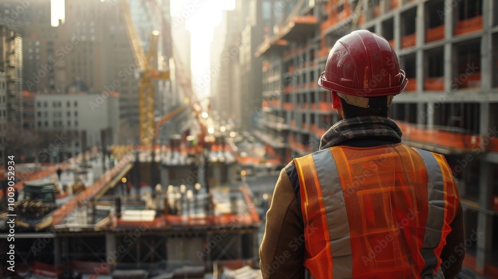 Male engineer worker in hard hat and safety vest standing on a bustling construction site, analyzing progress with a partially constructed building in the background.