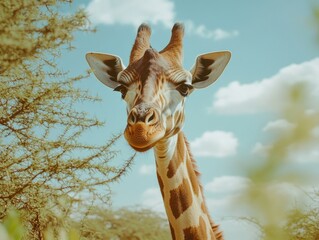 Giraffe portrait with forest backdrop,