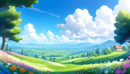 Wall Mural - Vibrant summer landscape featuring lush green grass under a clear blue sky