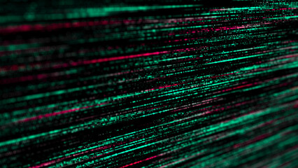 Stream of binary code. Green matrix background. Falling dots texture on dark backdrop. Digital computer code. Coding and hacking. 3D rendering.