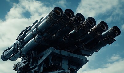 Wall Mural - Close-up of a Missile Launcher Against a Cloudy Sky