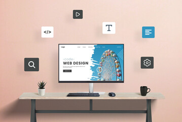 Website creation concept with modular design. Text, code, video, search, and management modules floating around web page on computer display at work desk