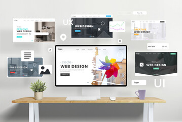 Poster - Web design studio concept pages flying around with web page modules, showcasing the creative process of building and presenting a portfolio. Ideal image for digital marketing and design inspiration