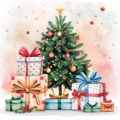 Sticker - Cute Christmas Tree with Wrapped Presents Decorated Cheerfully