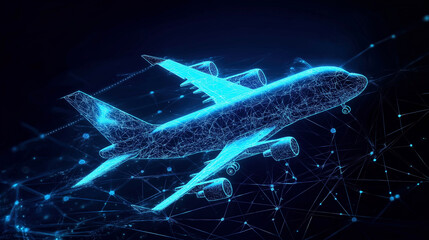 technological and futuristic illustration of a glowing plane taking off with a world map on the background