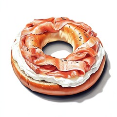 Sticker - A realistic illustration of a bagel topped with cream cheese and slices of smoked salmon.